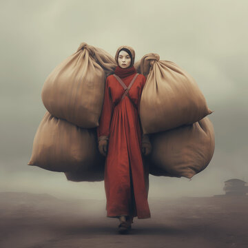 Woman Carrying Heavy Bags. AI Generated