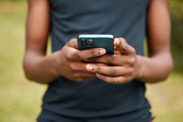 Man, hands and phone typing in fitness, social media or outdoor networking for communication in nature. Closeup of male person in online texting, sports research or chatting on mobile smartphone app