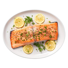 Grilled salmon with lemon and salad top view isolated on transparent background Remove png, Clipping Path