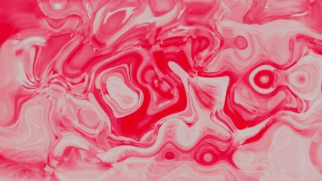 Animated red and white marble texture fluid art painting background.