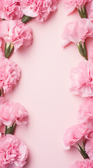 Frame made of pink carnation flowers on pastel pink