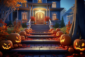 Obraz premium Halloween card. Porch of the house decorated with jack-o-lantern pumpkins