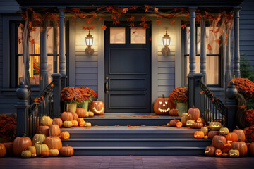 Halloween card. Porch of the house decorated with jack-o-lantern pumpkins