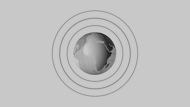 Monochrome image of a stylized globe with concentric circles animated on a gray background.