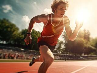 A professional track and field athlete in a sports uniform at the stadium runs along the track at a competition. An athlete performs at an athletics competition.