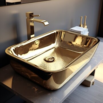 Luxurious interior golden brass sink and faucet double tap mixer in contemporary modern design with stone marble stoneware countertop black and gold bathroom