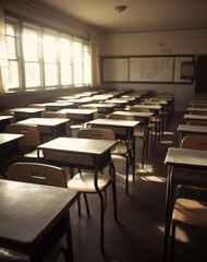 Empty bright school classroom with desks and chairs. The sun's rays shine through the windows. Audience at the university. An office where schoolchildren have lessons.