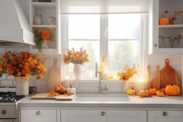 Cozy fall kitchen with pumpkin, leaves, flowers, and light background. Generative AI