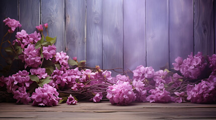 Fototapeta na wymiar Lilac flowers with roses on background of shabby