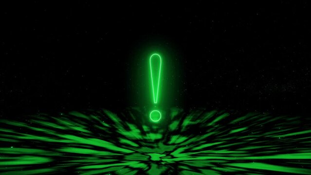 Animated neon green exclamation mark glowing with a ripple effect on a dark background.