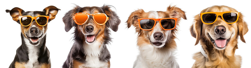 Set of dogs wearing orange glasses For summer ,cut out transparent isolated on white background ,PNG file ,artwork graphic design illustration.