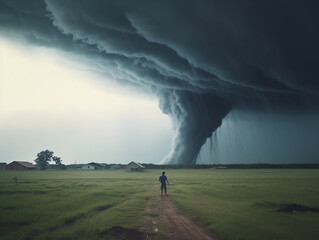 A man looks at a tornado approaching him. Disaster. Natural disaster.	