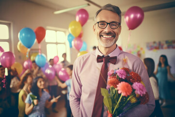 Portrait of a happy joyful smiling satisfied teacher man with colorful helium balloons in the classroom during celebrating world teachers day