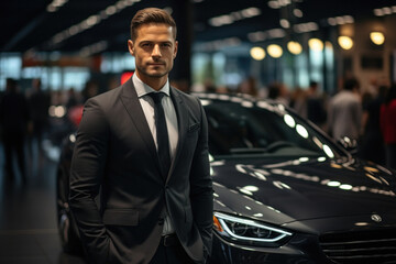 Fototapeta premium Young friendly car sales manager looking at camera