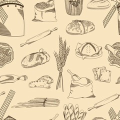 Vector hand drawn seamless pattern of bakery products, wheat and windmill,  ink sketch style background - 648460414