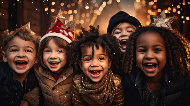 Happy group of diverse kids celebrating christmas