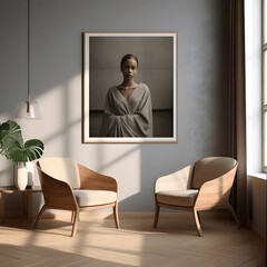 Woman sitting in a chair in a modern minimalist living room. AI Generated