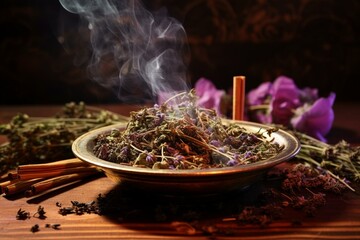 Burning incense with herbs on wooden table, smudge stick, energetic cleansing and smoking. Generative AI