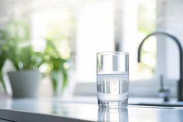 Close up with sunlight of glass of clean water in background of blurred modern kitchen and green houseplant. Environmental concept of health and energy saving.  - obrazy, fototapety, plakaty