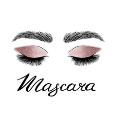 Eye with long eyelashes, shadows and glitter, vector illustration