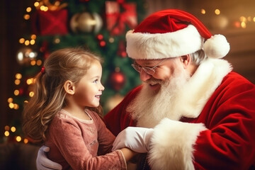 Fototapeta na wymiar Portrait of smiling kind santa claus wearing red suit and hat with little joyful cute girl on christmas time