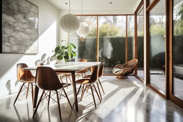 Bright, modern dining space with wood, marble, and abundant natural light. Generative AI