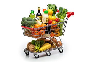 Shopping cart full with supermarket grocery products on white background. Generative AI - 648462278