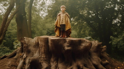 Fototapeta na wymiar Interpretation of a fabulous little boy with a finger in medieval clothes, ancient forest background. AI generated.