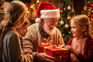 Obraz na płótnie Canvas Happy satisfied grandfather wearing red santa hat giving his cute smiling little grandchildren christmas gifts