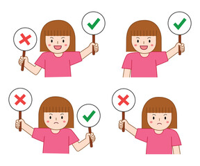 little girl holding right or wrong sign. true or false concept illustration