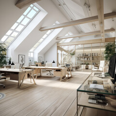 spacious loft office with glass cabinets and slide

