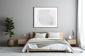 Fototapeta na wymiar Contemporary bedroom with comfortable bed and empty frame on wall. Generative AI