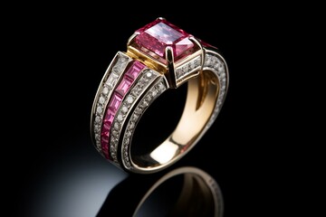 An exquisite ring showcasing a diamond and ruby resting in a gift box, crafted using contemporary methods. Generative AI
