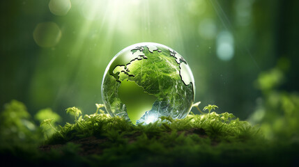 Green world, Eco-friendly, glossy globe, background.
Modified Generative Ai image. - obrazy, fototapety, plakaty