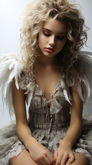 Naklejka premium Crying with tears beautiful sad young angel. Suffering of a woman. Angel of love with the face of a girl. AI generative
