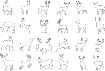 Deer line icons, minimalist black and white drawings of various poses, vector illustration. different deer poses, such as standing, walking, grazing, and leaping.perfect for web design, logo, branding