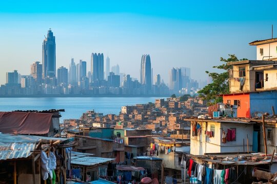 Scenic Mumbai skyline of skyscrapers towering above slums in Bandra suburb. Generative AI