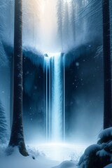 landscape with sun and clouds enchanted glitter glowing gray british blue standing in a snowy forest, waterfall view, snow falling, glitter details, 4k, futuristic, shaman, magic