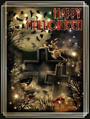 Happy Halloween invitation card, raven and cemetery cross, vector illustration