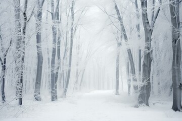 A serene winter forest filled with mist and snow-covered trees. Generative AI