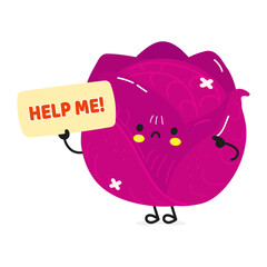 Sick Red cabbage asks for help character. Vector hand drawn cartoon kawaii character illustration icon. Isolated on white background. Suffering unhealthy Red cabbage character concept