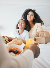 Hands, mothers day and breakfast in bed, home and happy woman with girl, gift box and kindness for...