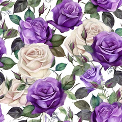 seamless violet rand white roses pattern, generated ai