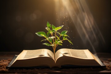 Plant grows on open Bible with golden pages. Christian growth, biblical concept. Generative AI - obrazy, fototapety, plakaty