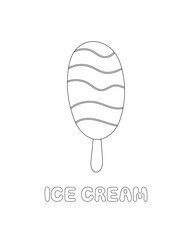 Coloring page, outline drawing for coloring book. Summer doodle illustration of an ice cream. Vector illustration of sweet summer food dessert with hand drawn inscription