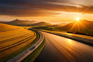 Aerial view of road, hills, green meadows and colorful trees at sunset in autumn. Top view of mountain rural road, golden sky. Beautiful landscape with roadway - obrazy, fototapety, plakaty