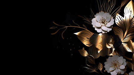 high contrast black and white and gold colors with bloom florals and solid black background