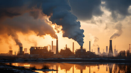 industrial with smokestacks and factories emitting carbon