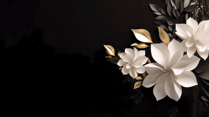 up light from top right shinning through white flowers and golden leaves on black decoration background, website, screensaver