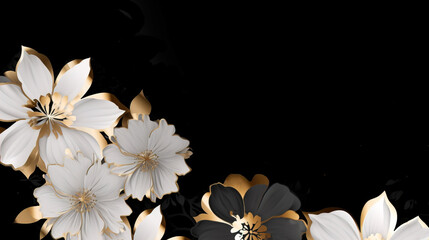 blooming black and white decoration flowers with golden leaves on black background decoration
